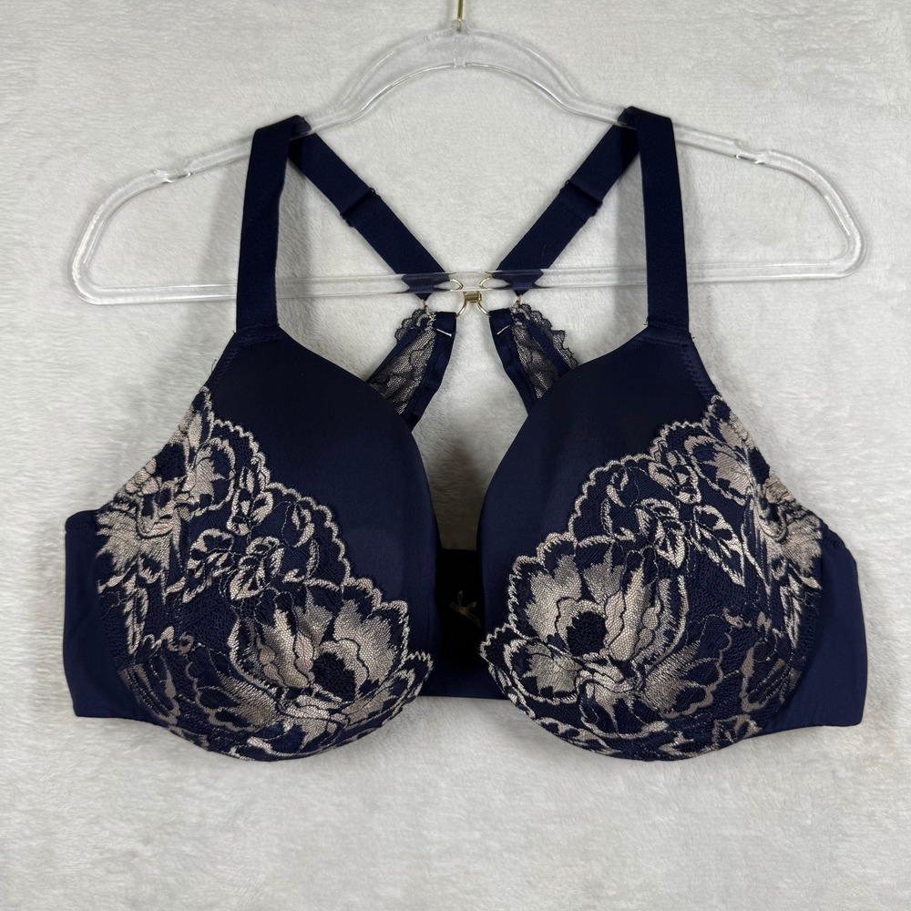 Cacique Navy Blue Floral Lace Lightly Lined Full Coverage Bra 42D A83532